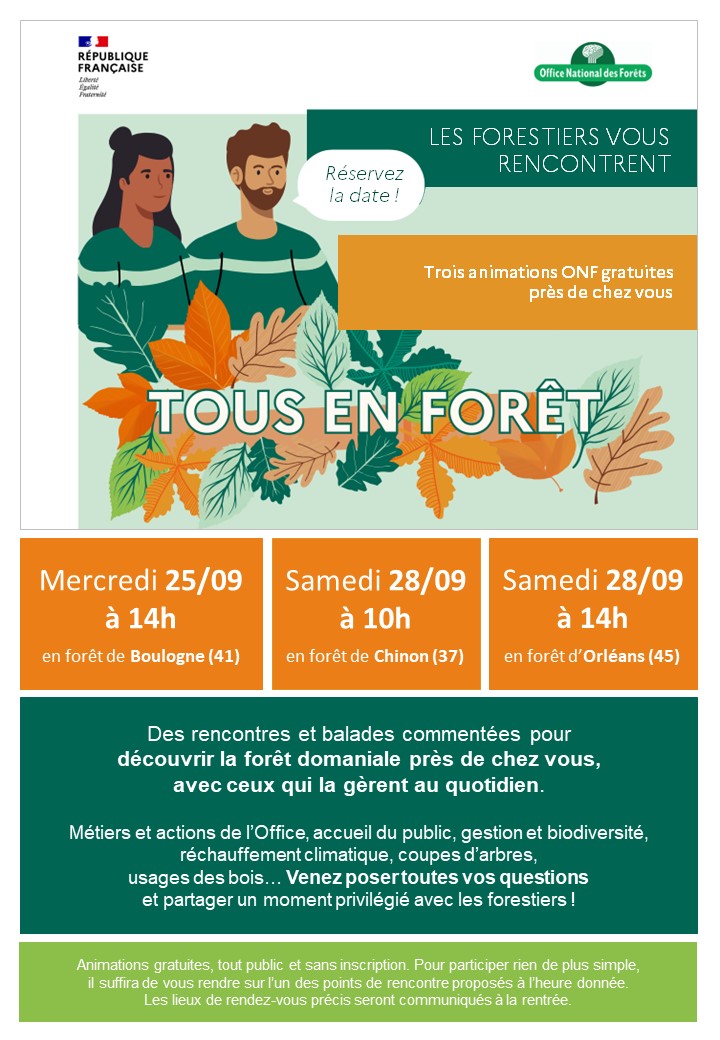 Mercredi 25/09 à 14h en forêt de Boulogne - Samedi 28/09 à 10h en forêt de Chinon puis à 14h en forêt d'Orléans - Informations complémentaires à venir à la rentrée !