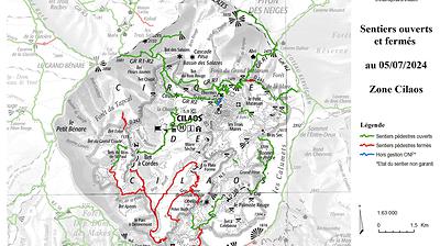 Carte de la zone Cilaos - Sentiers ouverts / fermés - ONF