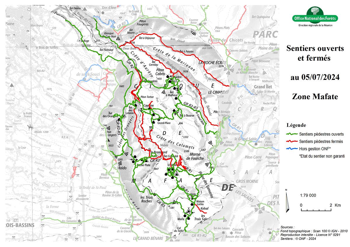 Carte de la zone Mafate - Sentiers ouverts / fermés - ONF