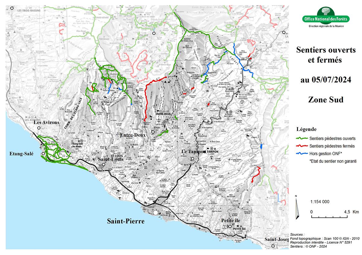 Carte de la zone Sud - Sentiers ouverts / fermés - ONF