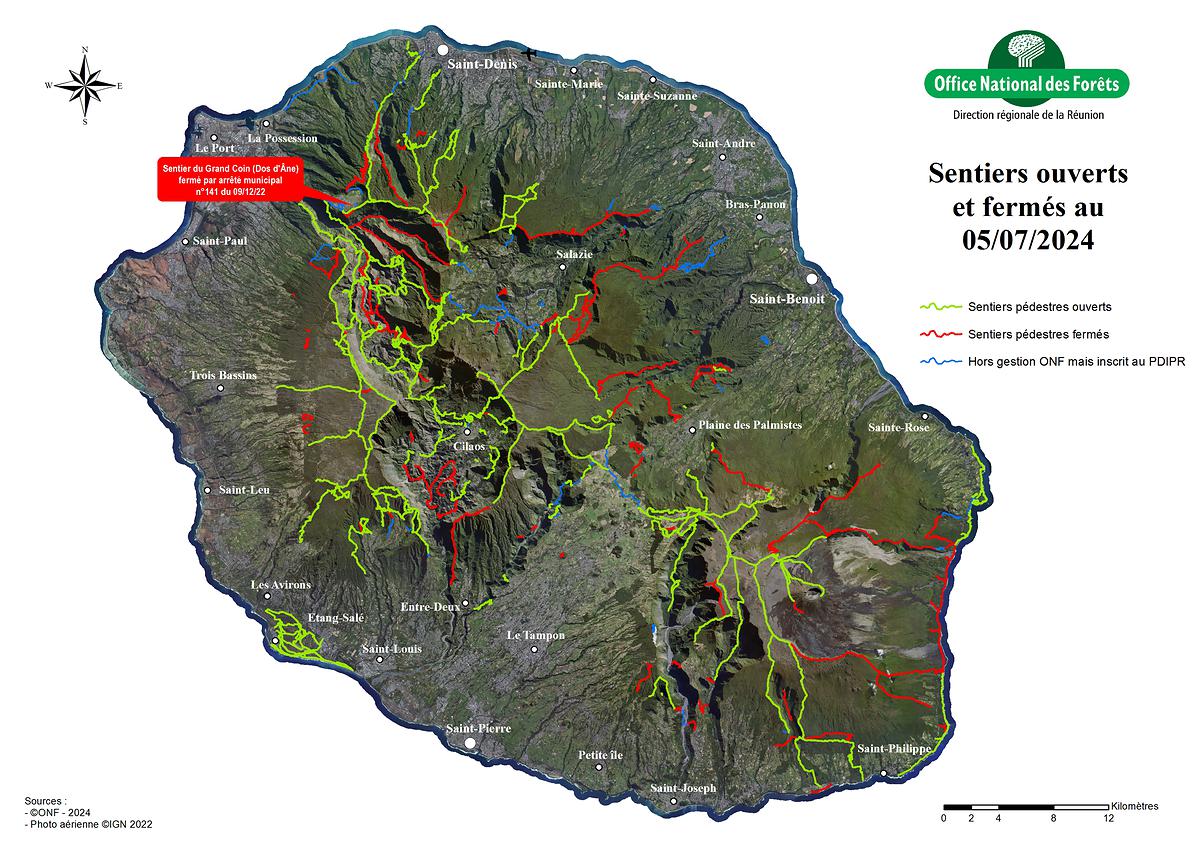 ONF Réunion - Carte sentiers ouverts fermés - 05.07.2024