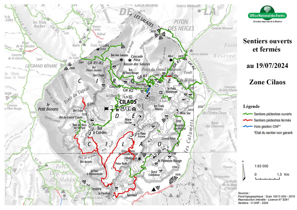 Carte de la zone Cilaos - Sentiers ouverts / fermés - ONF