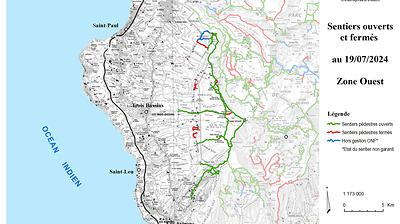 Carte de la zone Ouest - Sentiers ouverts / fermés - ONF