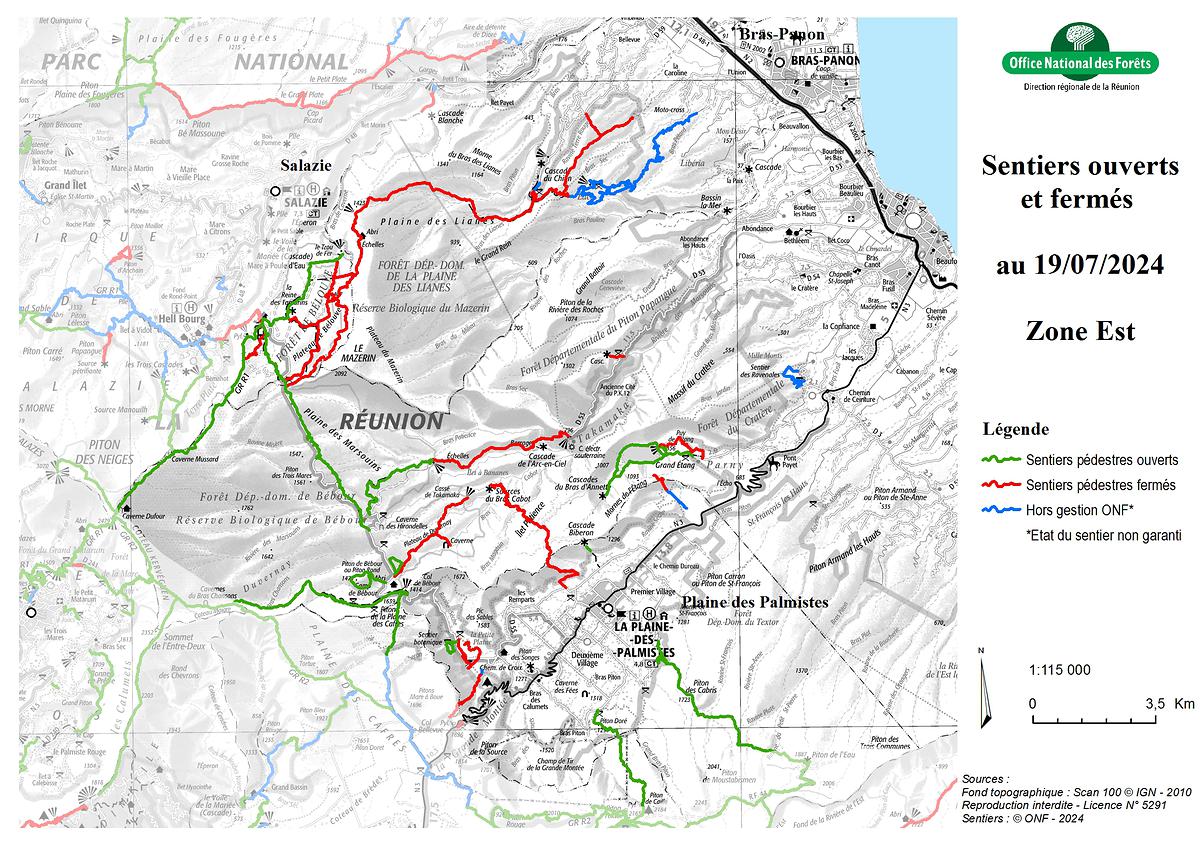 Carte de la zone Est - Sentiers ouverts / fermés - ONF