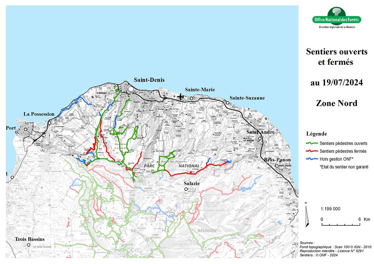 Carte de la zone Nord - Sentiers ouverts / fermés - ONF