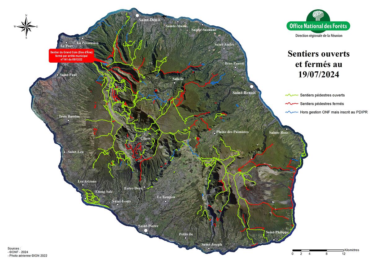 ONF Réunion - Carte sentiers ouverts fermés - 19.07.2024