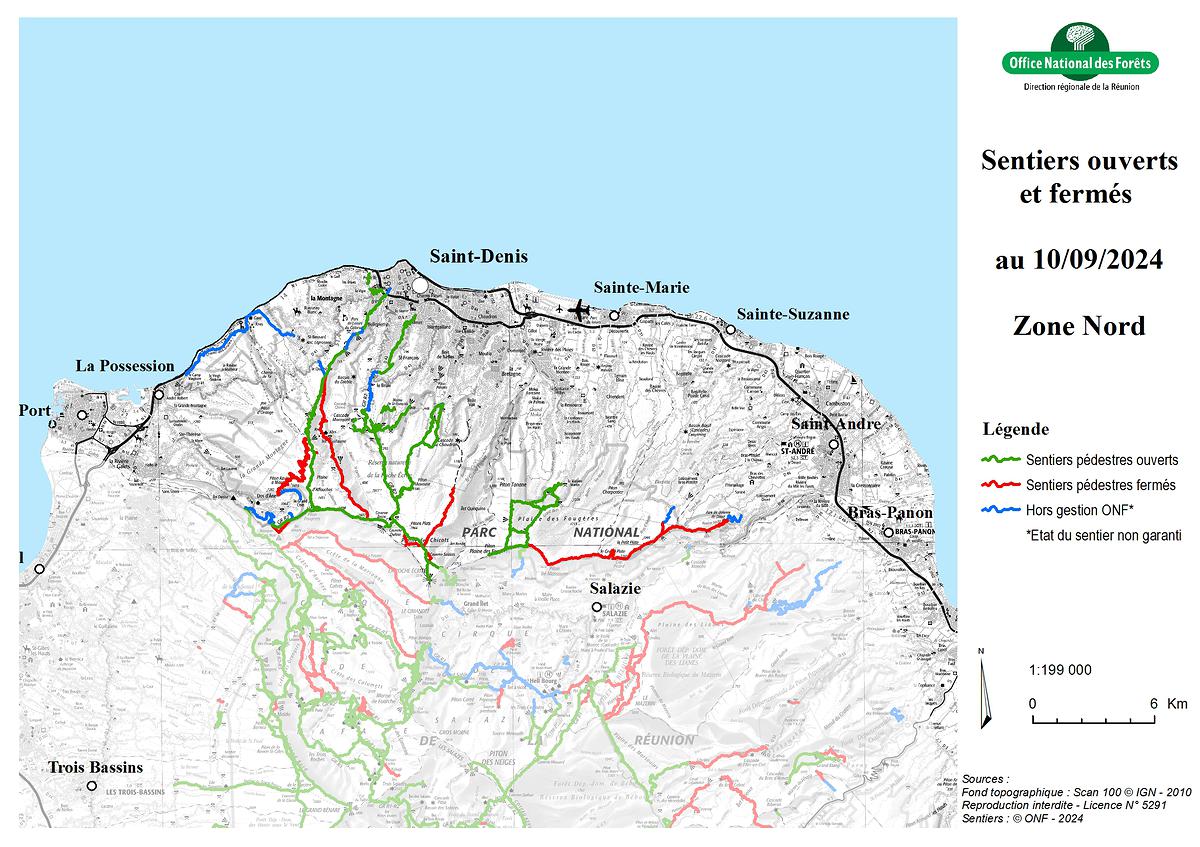 Carte de la zone Nord - Sentiers ouverts / fermés - ONF